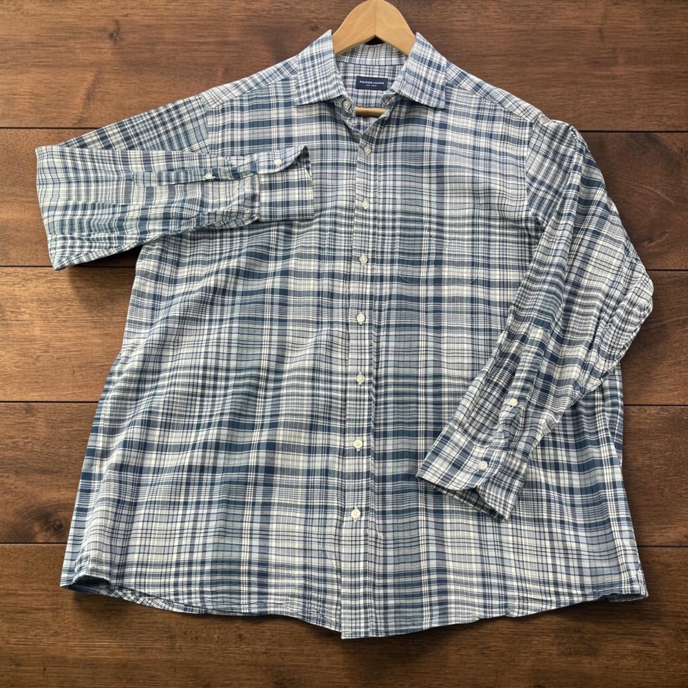 Proper Cloth Mens Blue White Plaid Button Down Shirt Neck 16.75 Slev 33.25